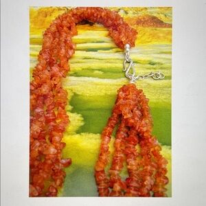Genuine Carnelian Multi Strand Necklace Sterling Silver Orange Gemstone Statemen